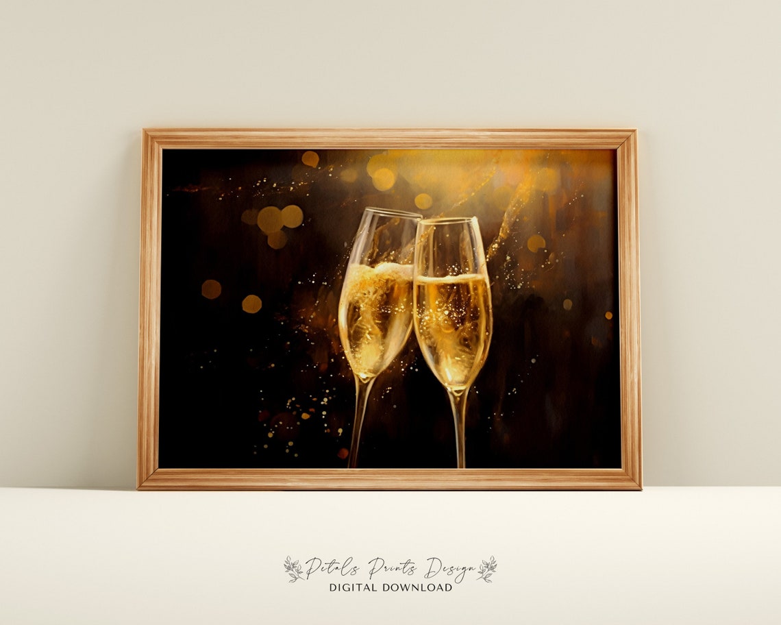 Champagne Toast Two Flutes Golden Celebration Painting Poster
