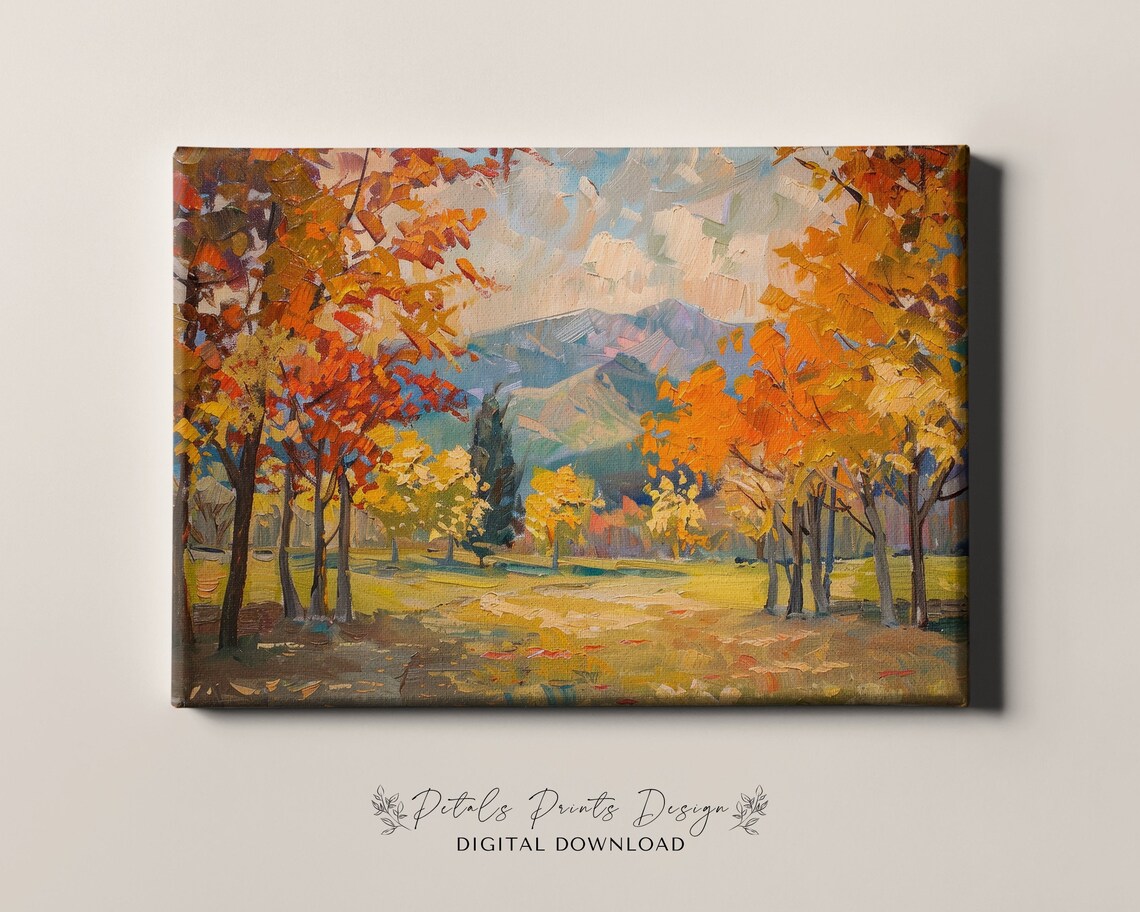 Autumn Meadow Mountain Valley Oil Painting Fall Landscape Art Print - Image 4