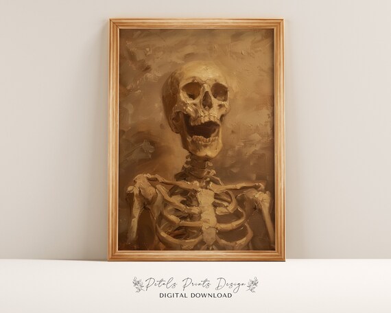 Singing Skeleton Portrait Warm Sepia Halloween Oil Painting Poster