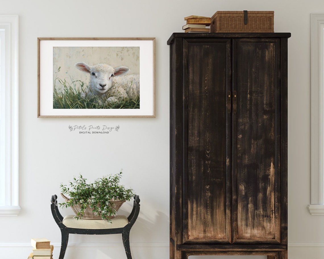 Cute Baby Lamb Lying in Green Grass Rustic Farm Animal Poster - Image 2