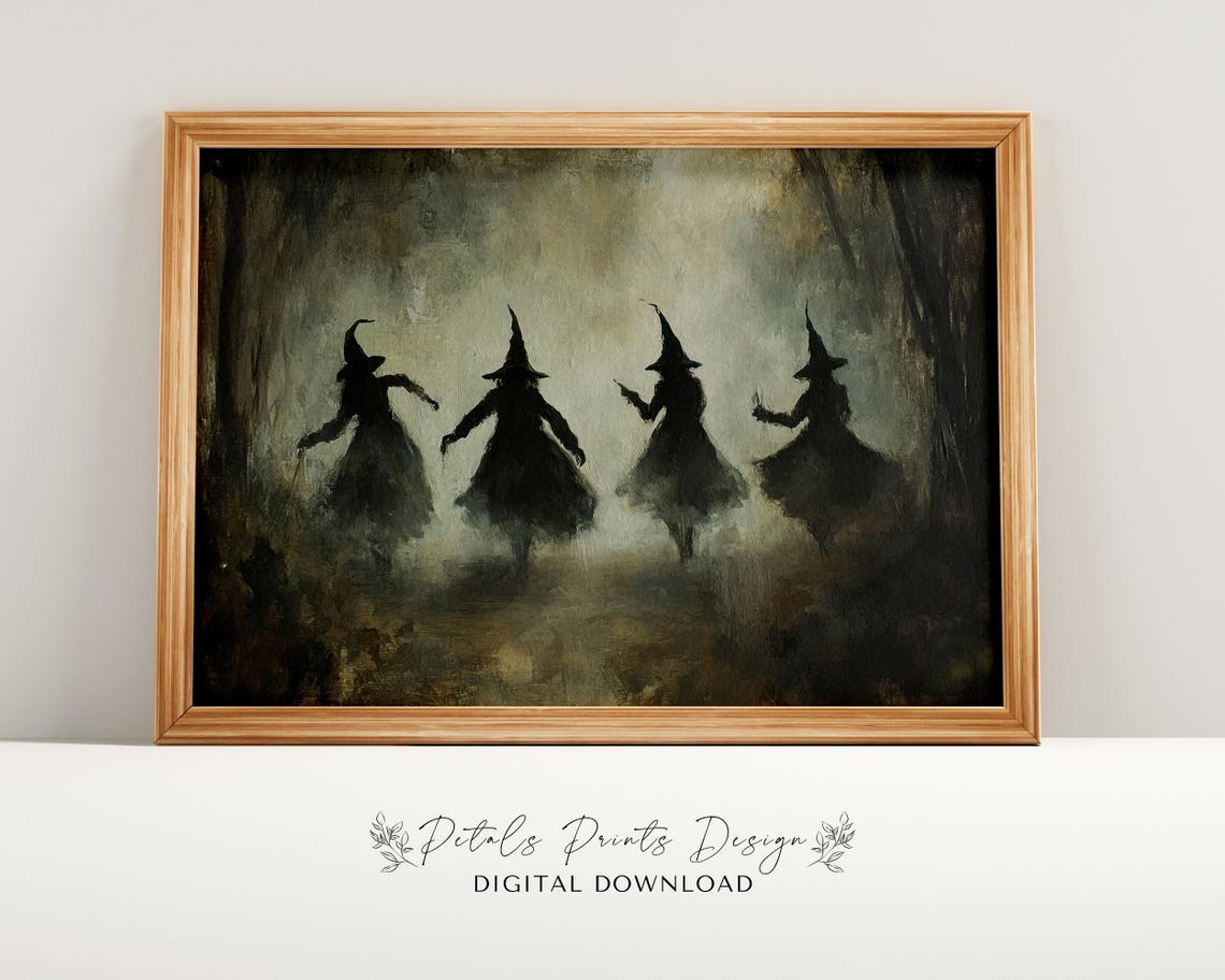 Four Witches Dancing in Mist Dark Moody Vintage Halloween Art Poster