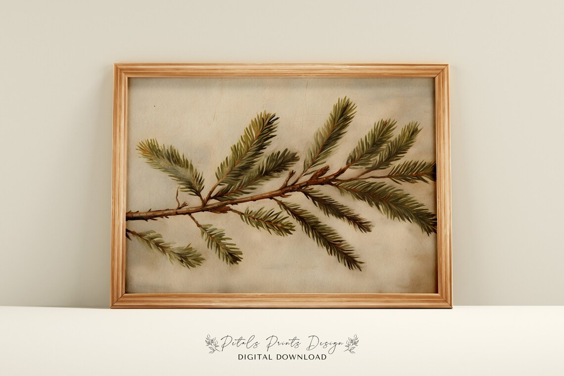 Rustic Christmas Evergreen Art Print, Vintage Holiday Decor