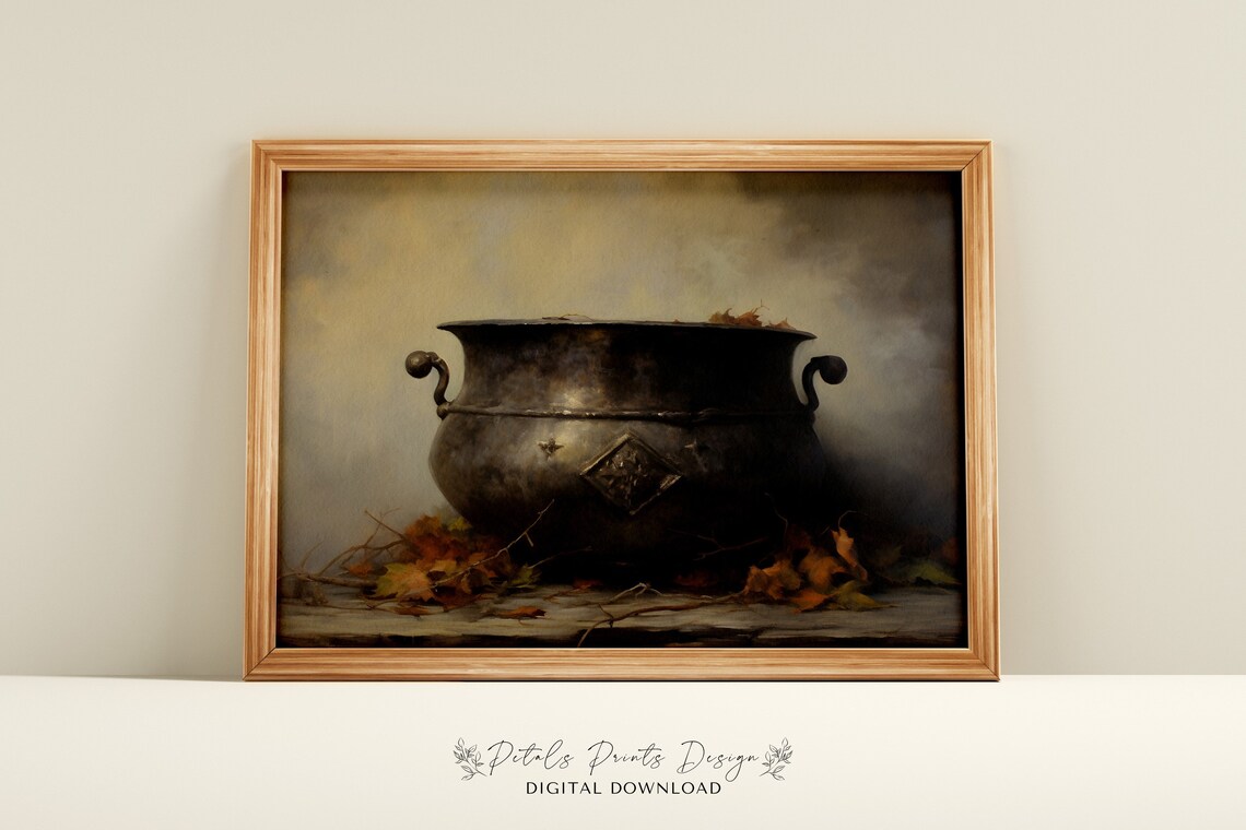 Vintage Witch Cauldron Painting, Rustic Halloween Art Print