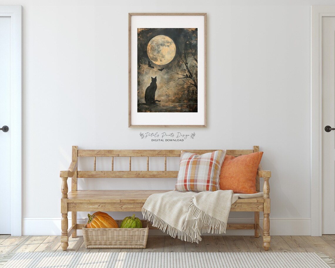 Black Cat Full Moon Bats Vintage Halloween Spooky Night Art Print - Image 3