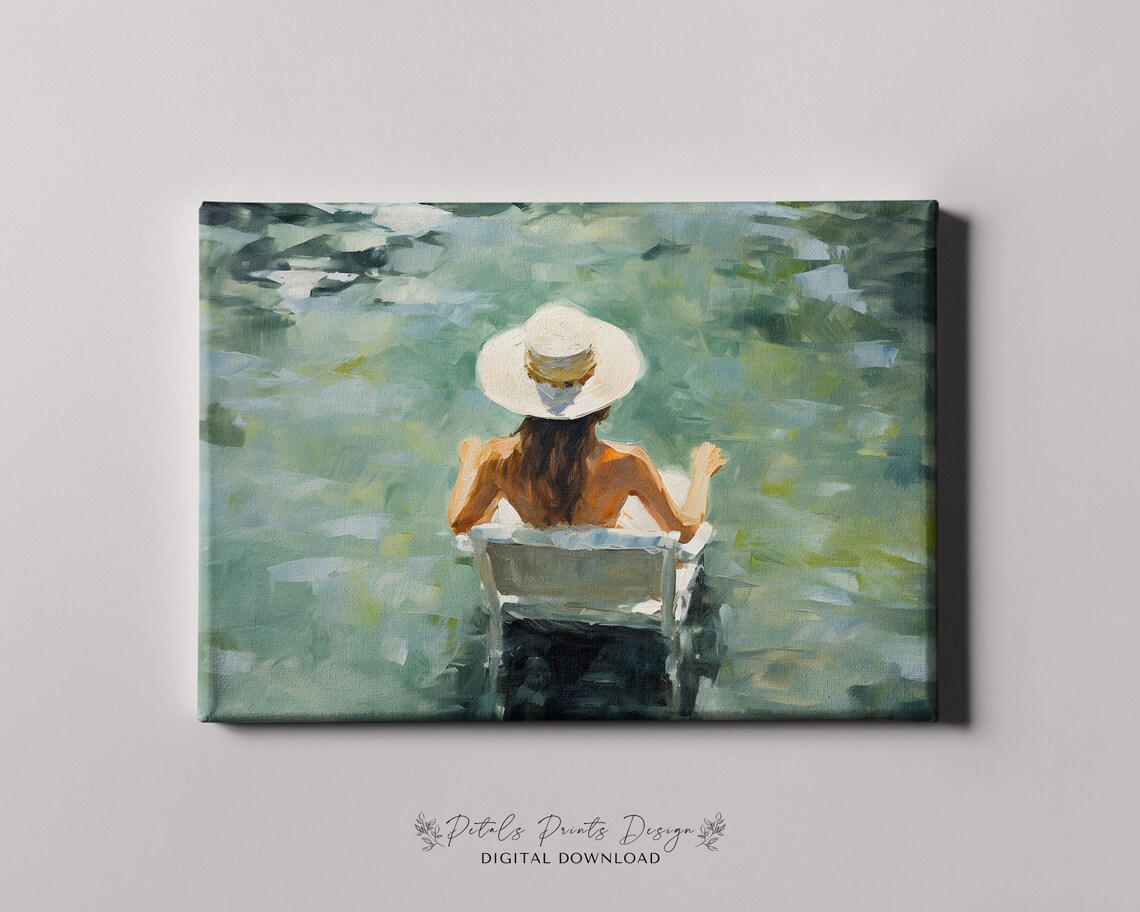 Woman in Sun Hat Floating in Green Water Summer Scene Poster - Image 4