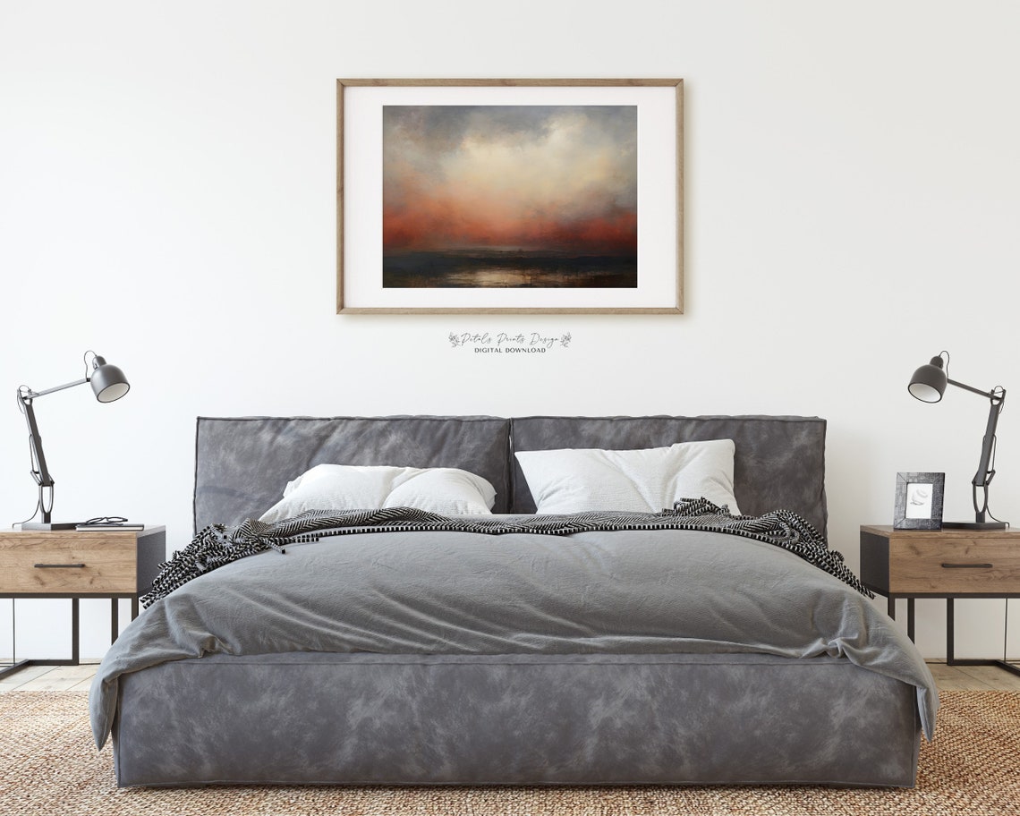 Moody Abstract Sunset Sky Dark Rust Oil Painting Style Poster - Image 2