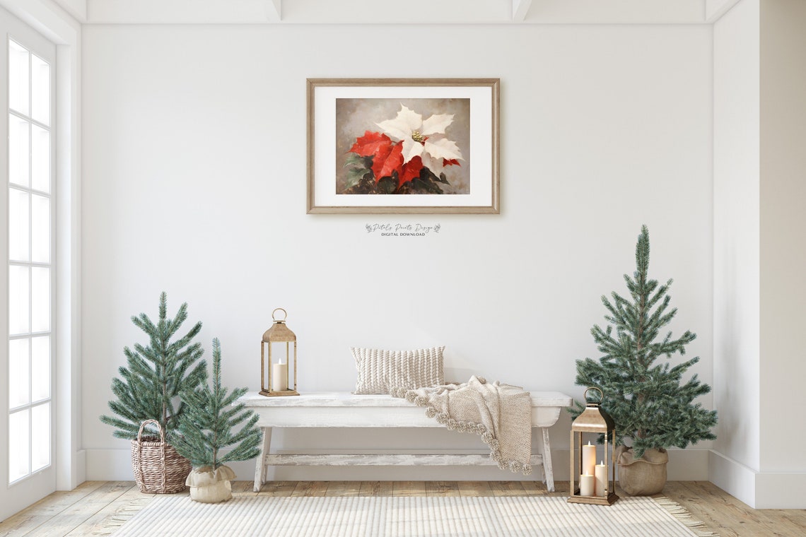 Red White Poinsettia Dark Background Vintage Christmas Poster - Image 2