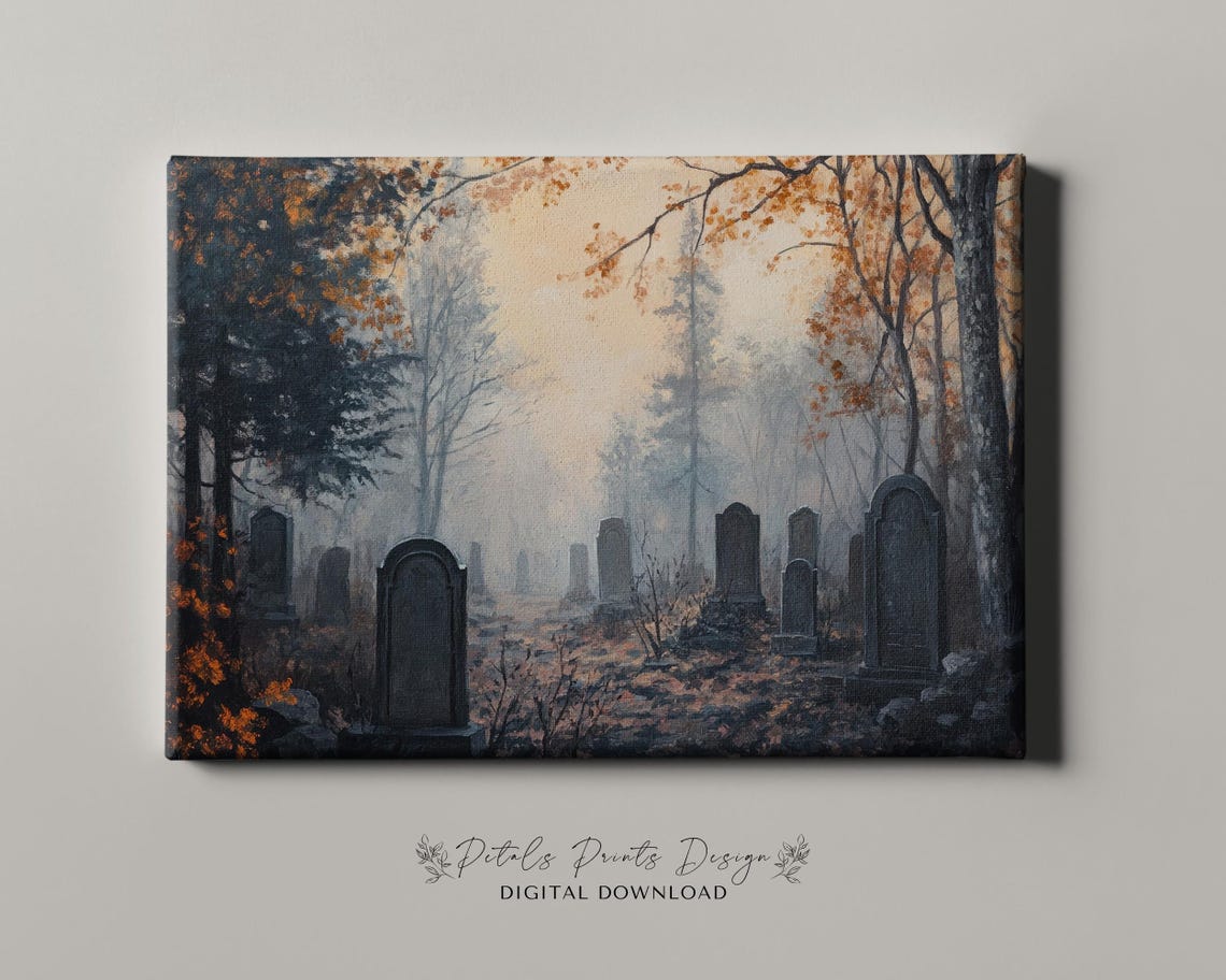 Foggy Old Cemetery Gravestones Bare Trees Moody Winter Wall Art - Image 4