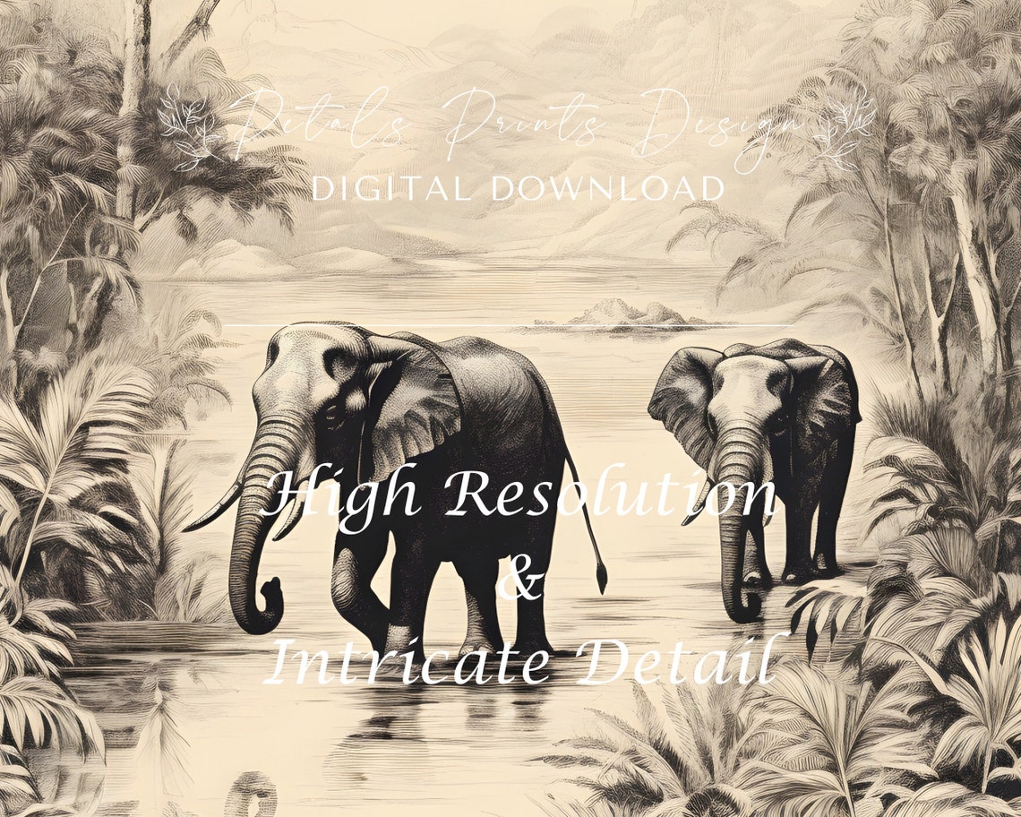 Elephants Walking in Water Monochrome Jungle Palms Wildlife Poster - Image 3