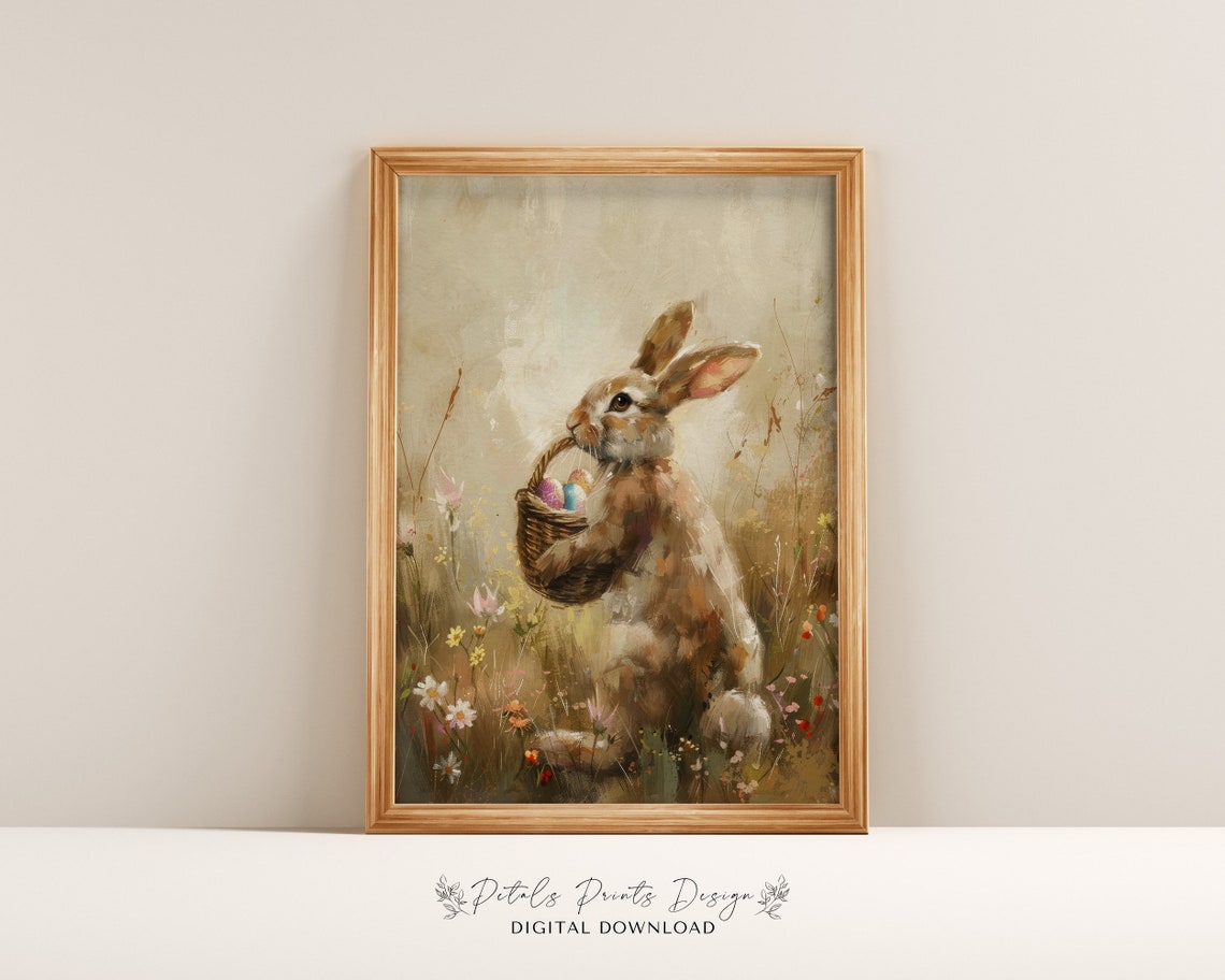 Bunny Carrying Easter Egg Basket Looking Back Vintage Art Poster