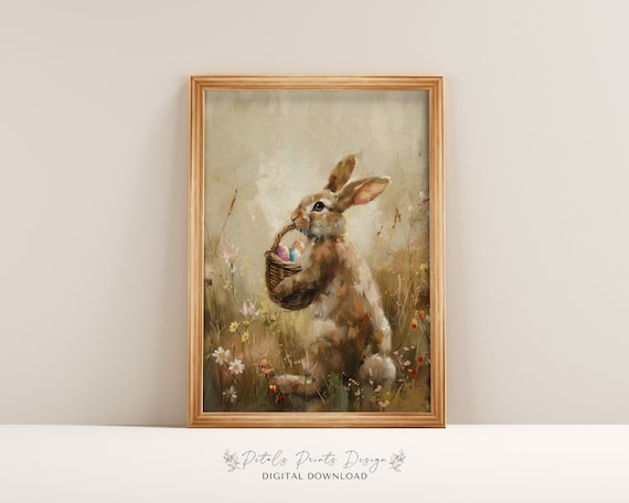 Bunny Carrying Easter Egg Basket Looking Back Vintage Art Poster
