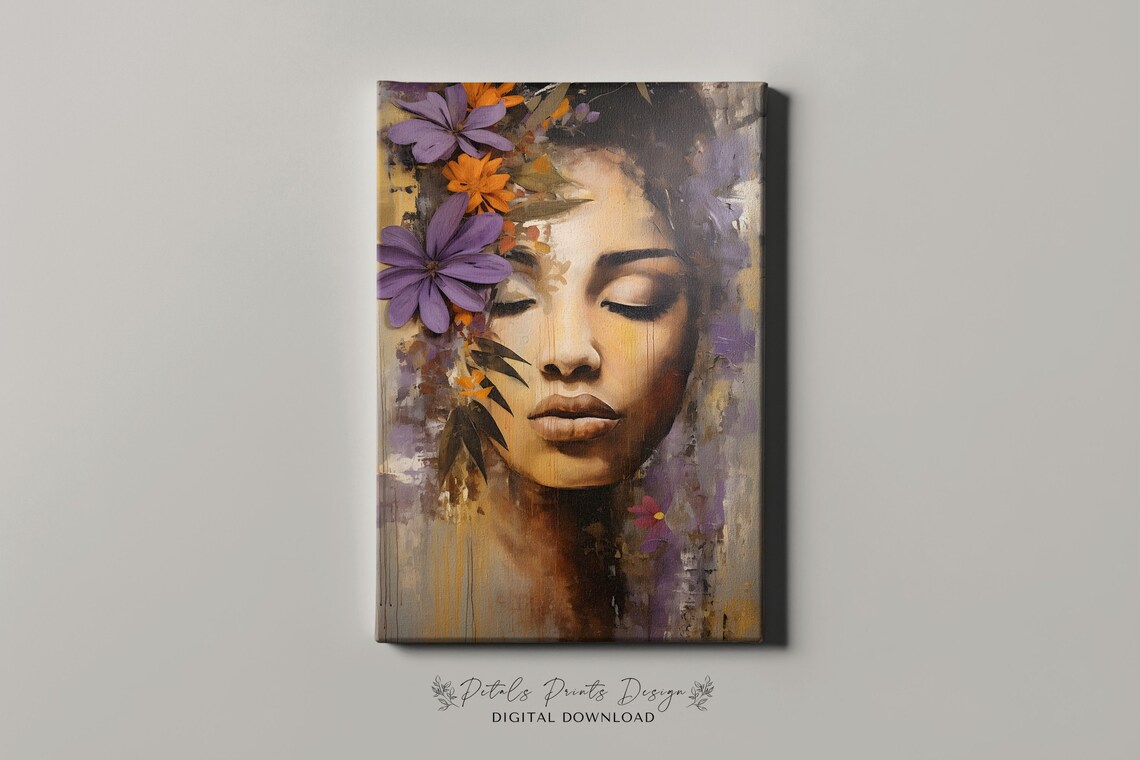 Woman with Closed Eyes Purple Orange Flowers Moody Portrait Poster - Image 4