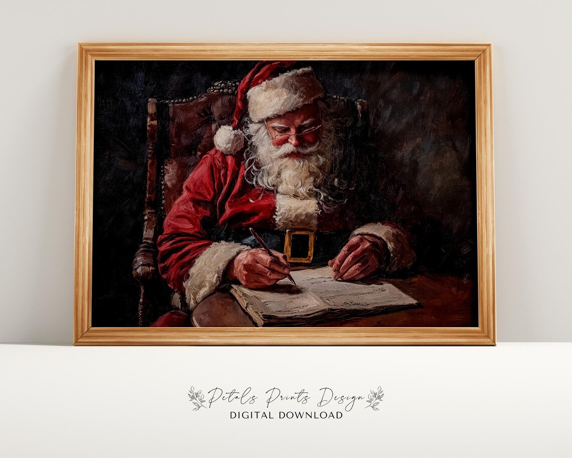 Santa Checking Naughty Nice List Vintage Oil Painting Christmas Poster