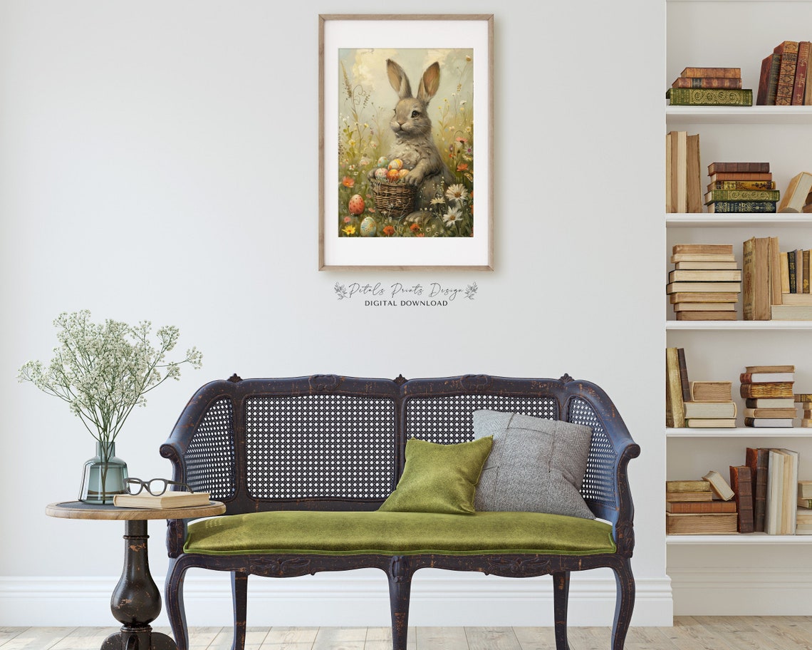 Grey Bunny with Basket of Easter Eggs Vintage Spring Painting Poster - Image 2