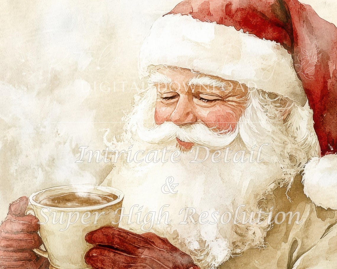Santa Claus Savoring Hot Cocoa in Soft Neutral Watercolor Art Poster - Image 3