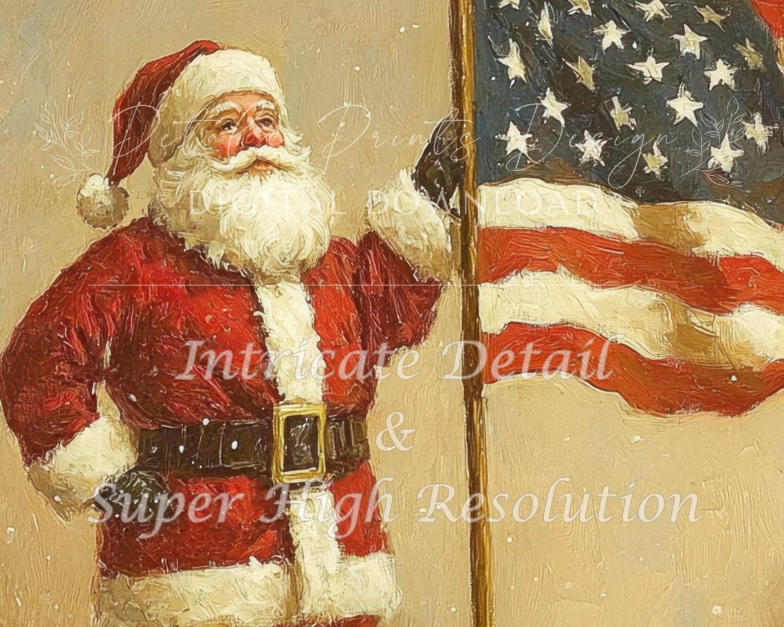 Santa Claus Standing with American Flag in Snowy Farm Scene Art Poster - Image 3