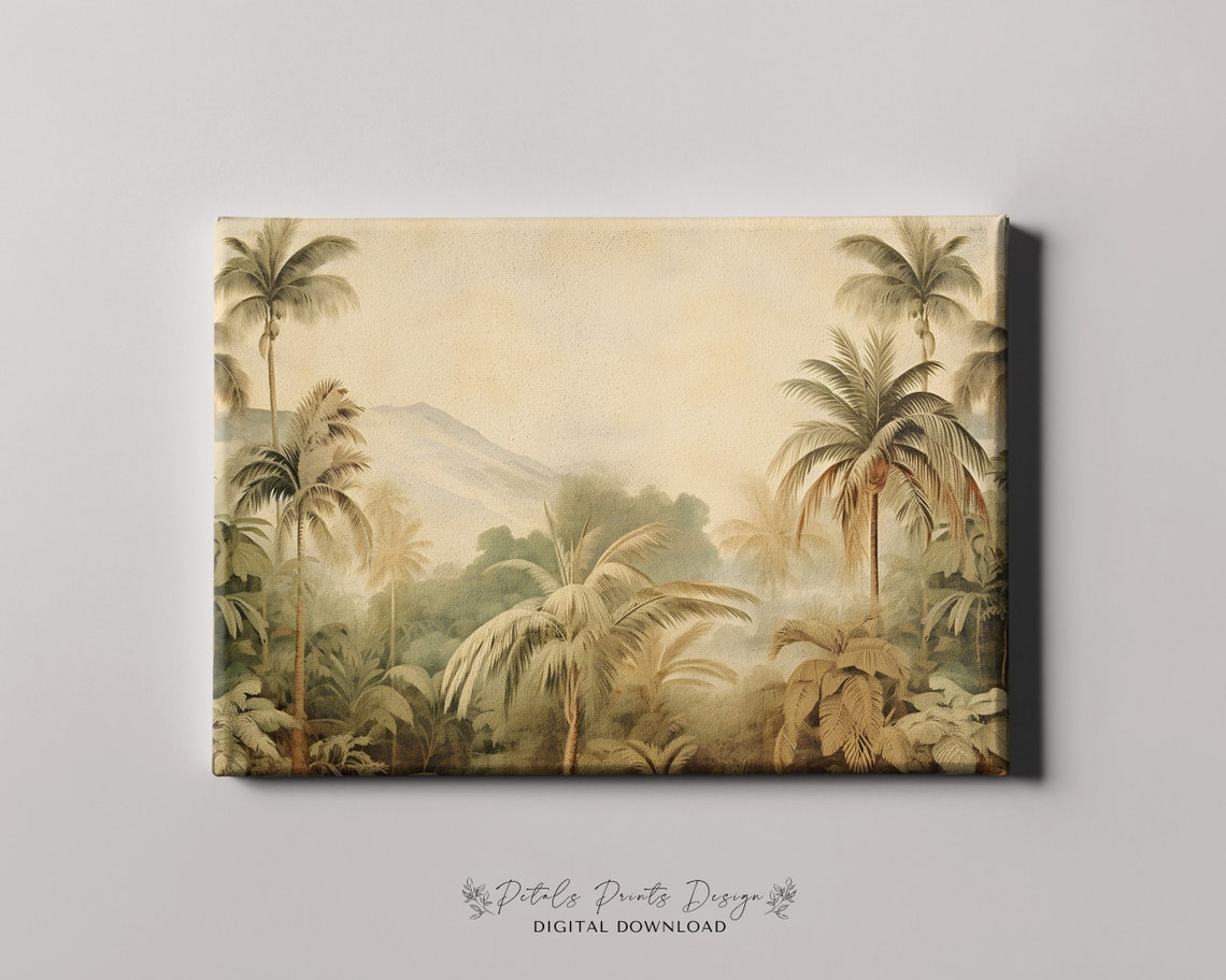 Vintage Palm Jungle Mountains Beige Green Classic Landscape Poster - Image 4