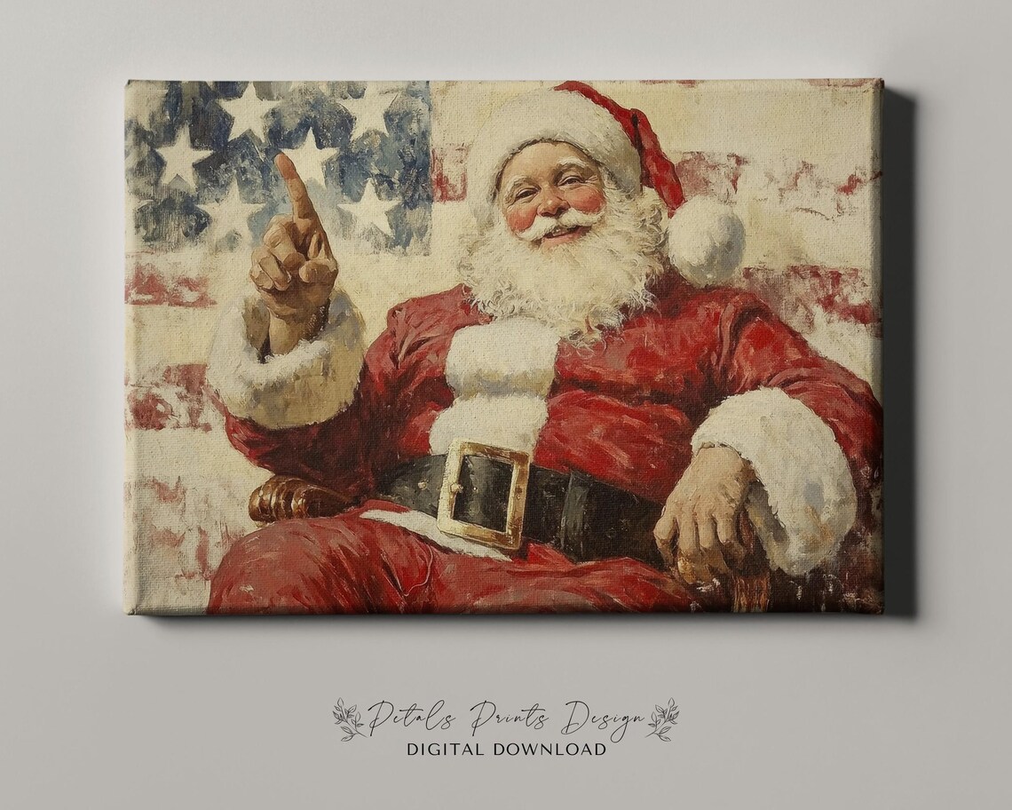 Santa Claus Pointing Up with American Flag Rustic Vintage Art Poster - Image 4