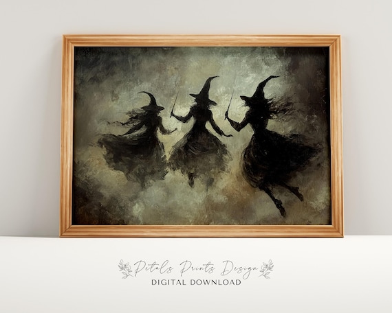 Three Witches Dancing with Wands in Smoky Dark Halloween Painting Poster