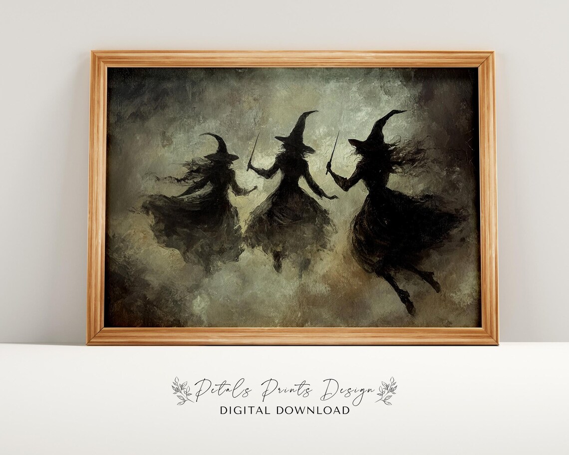 Three Witches Dancing with Wands in Smoky Dark Halloween Painting Poster