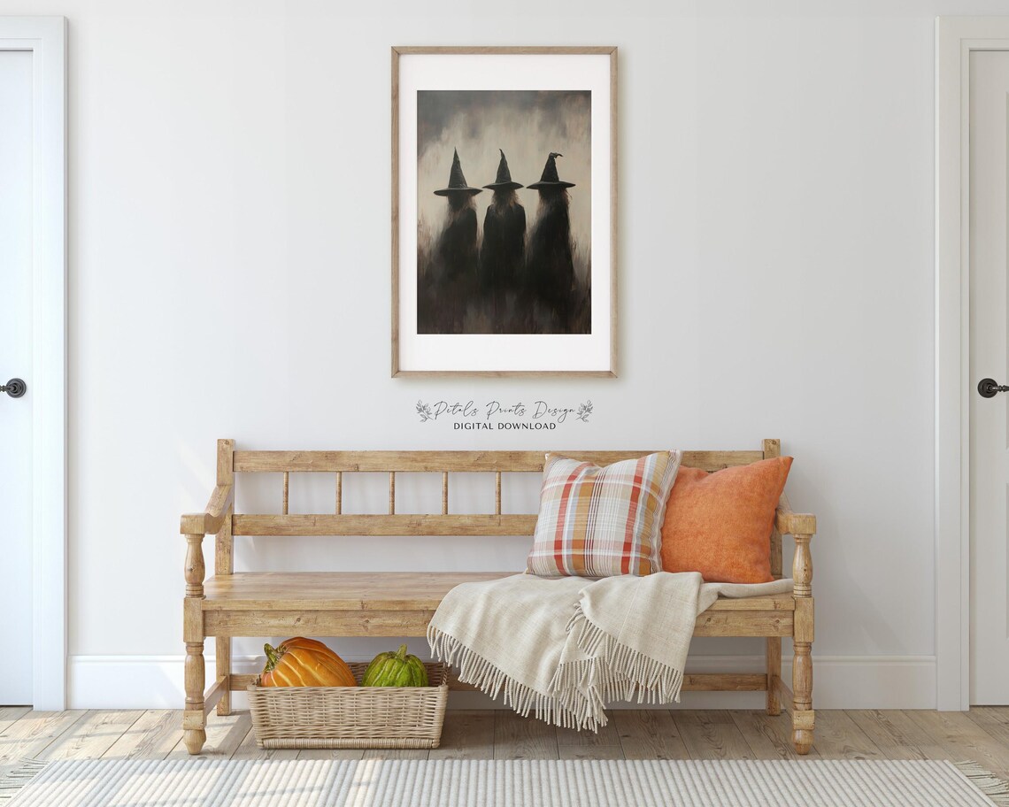 Three Witch Silhouettes in Mist Dark Moody Vintage Halloween Art Poster - Image 3