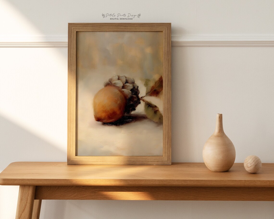 Golden Acorn with Autumn Leaves Oil Painting Still Life Poster - Image 2