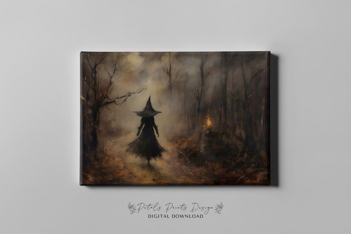 Witch Silhouette Dark Forest Lantern Glow Vintage Halloween Poster - Image 2