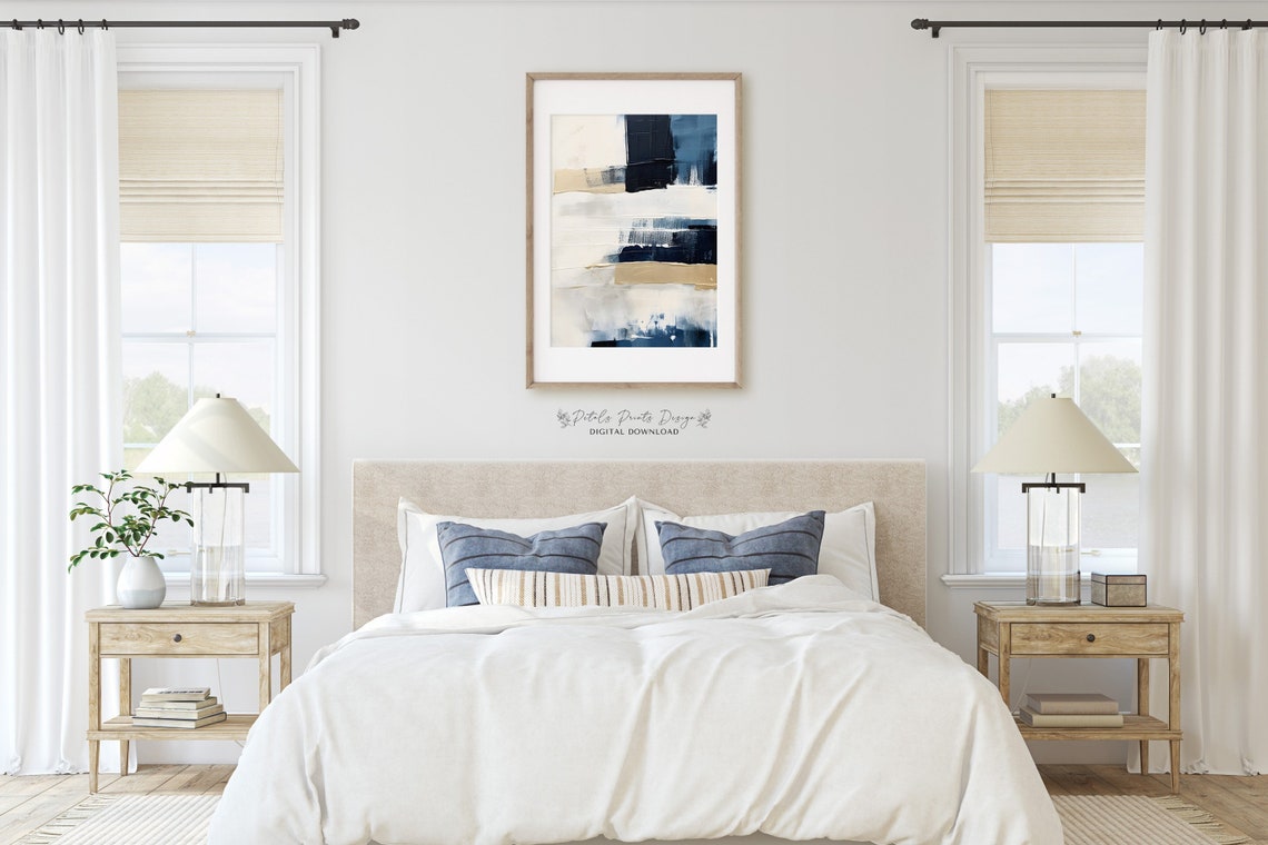 Navy Beige Neutral Abstract Bands Minimalist Vertical Art Poster - Image 2