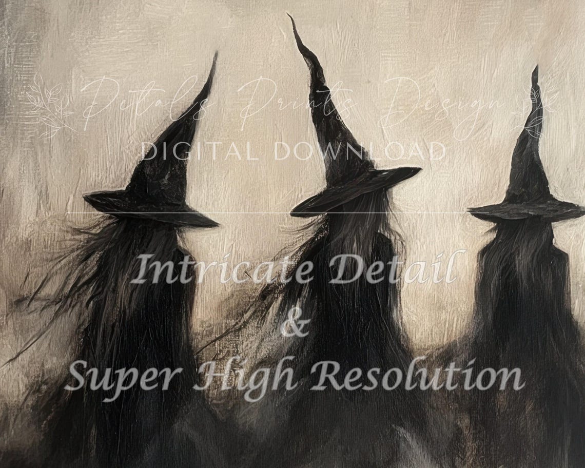Four Witch Silhouettes In Misty Night Dark Halloween Painting Poster - Image 2