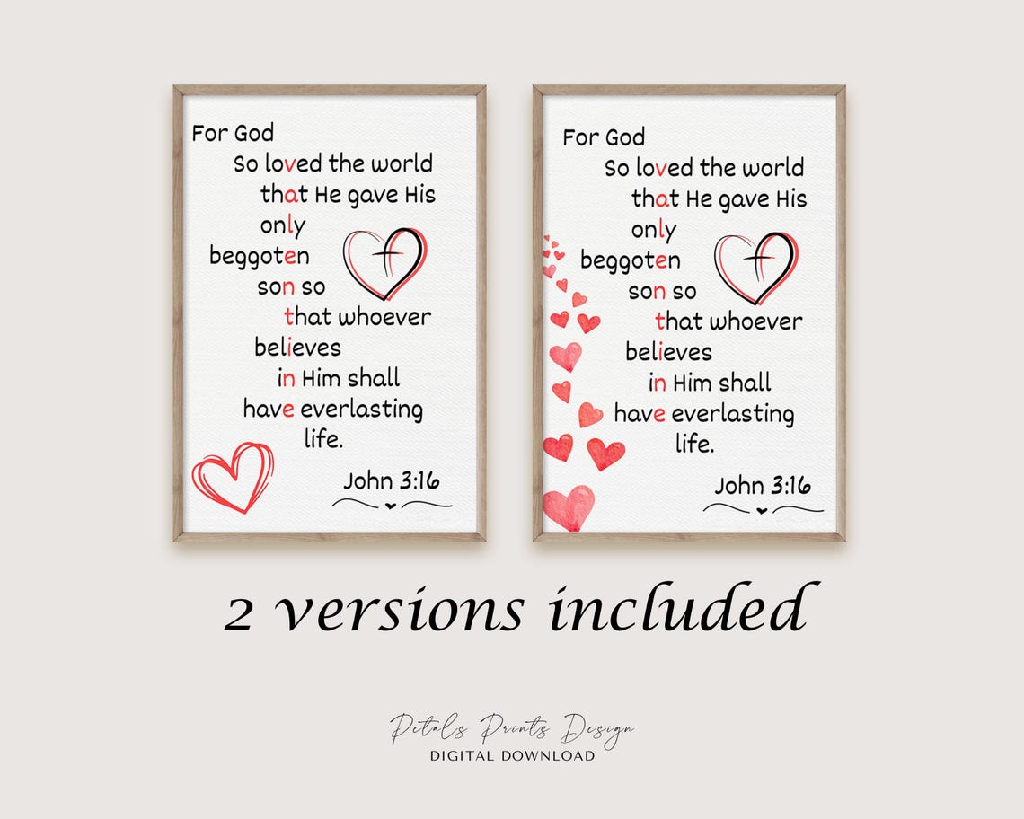 John 3:16 Bible Verse with Red Watercolor Hearts and Cross Art Poster - Image 4