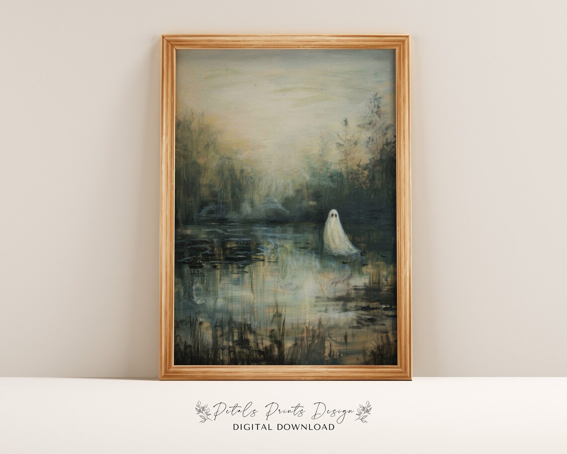 Ghosts Halloween Vintage Art Print, Cute Field Scene