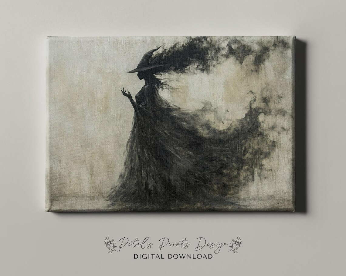 Dark Witch Silhouette with Smoky Dress Vintage Halloween Painting Poster - Image 4