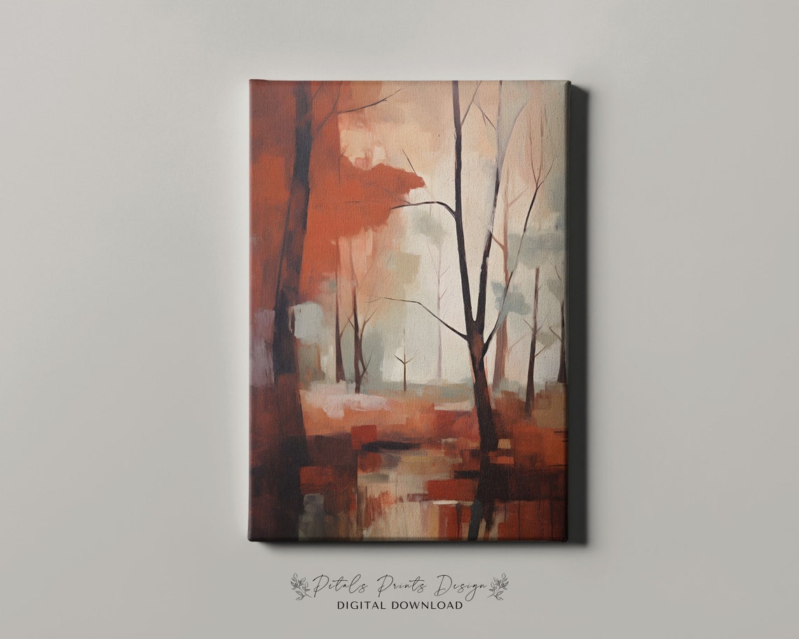 Misty Autumn Forest Abstract Bare Trees in Warm Red Tones Poster - Image 4