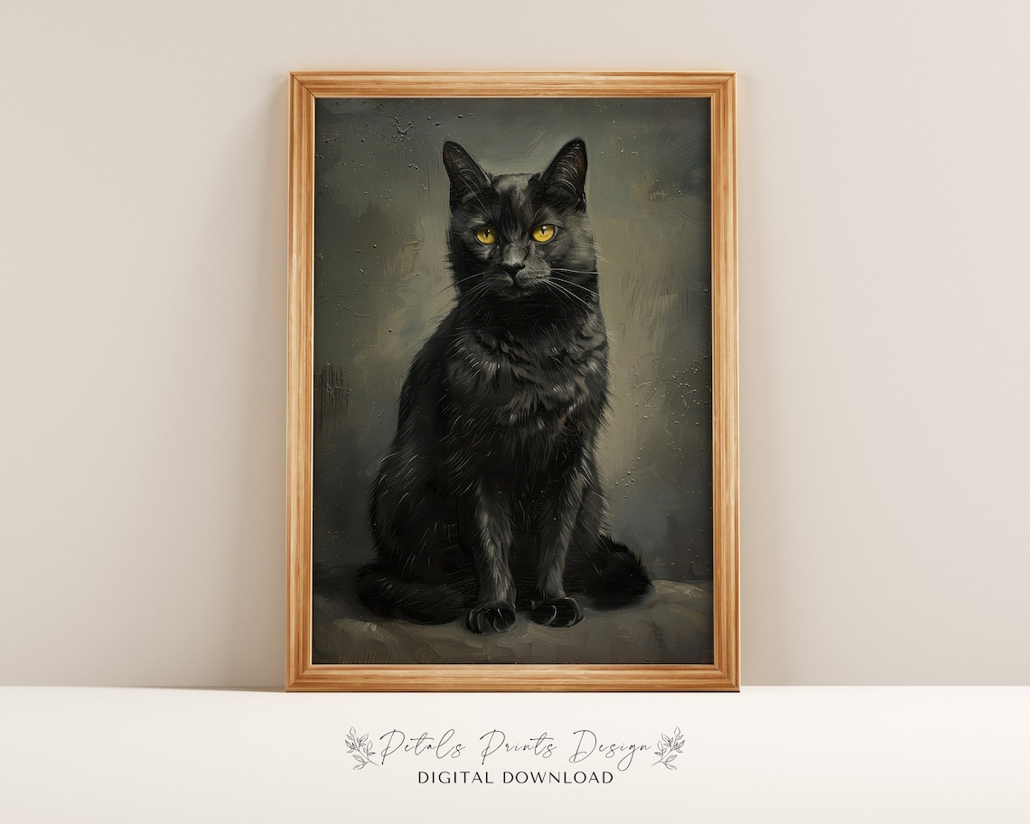 Black Cat Golden Eyes Portrait Moody Halloween Cat Art Print