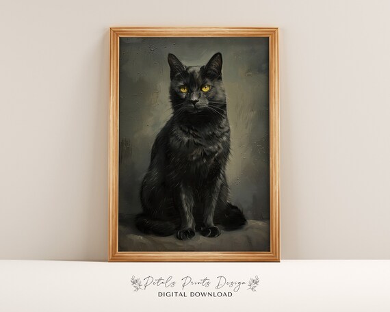 Black Cat Golden Eyes Portrait Moody Halloween Cat Art Print