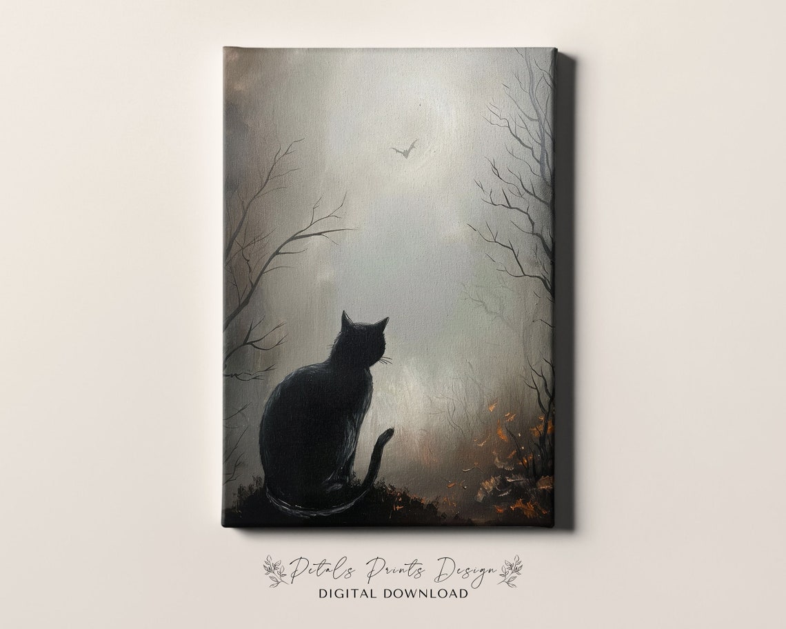 Black Cat Misty Dark Forest Silhouette Haunting Autumn Art Print - Image 4