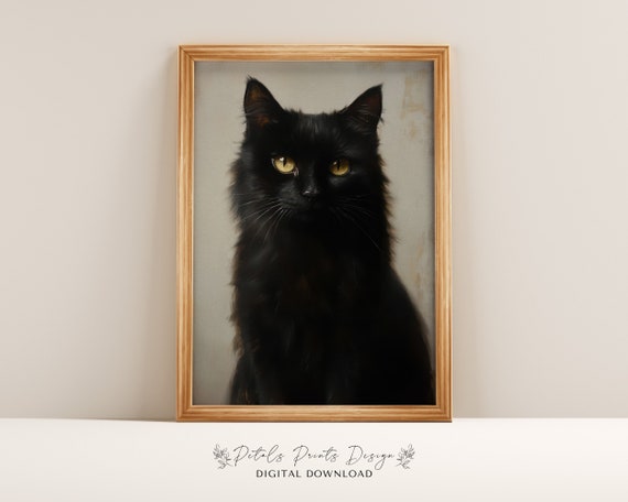Vintage Halloween Cat Painting, Rustic Spooky Decor Art Print