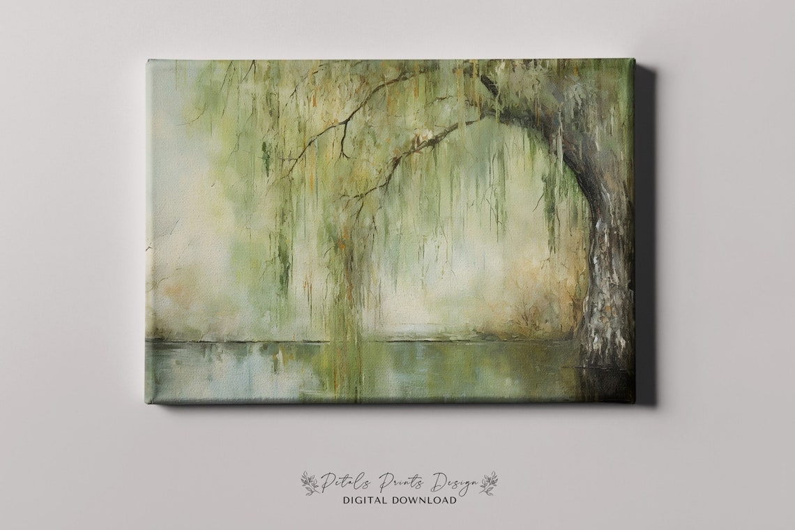 Willow Tree Branches Over Still Water Misty Green Scene Poster - Image 4