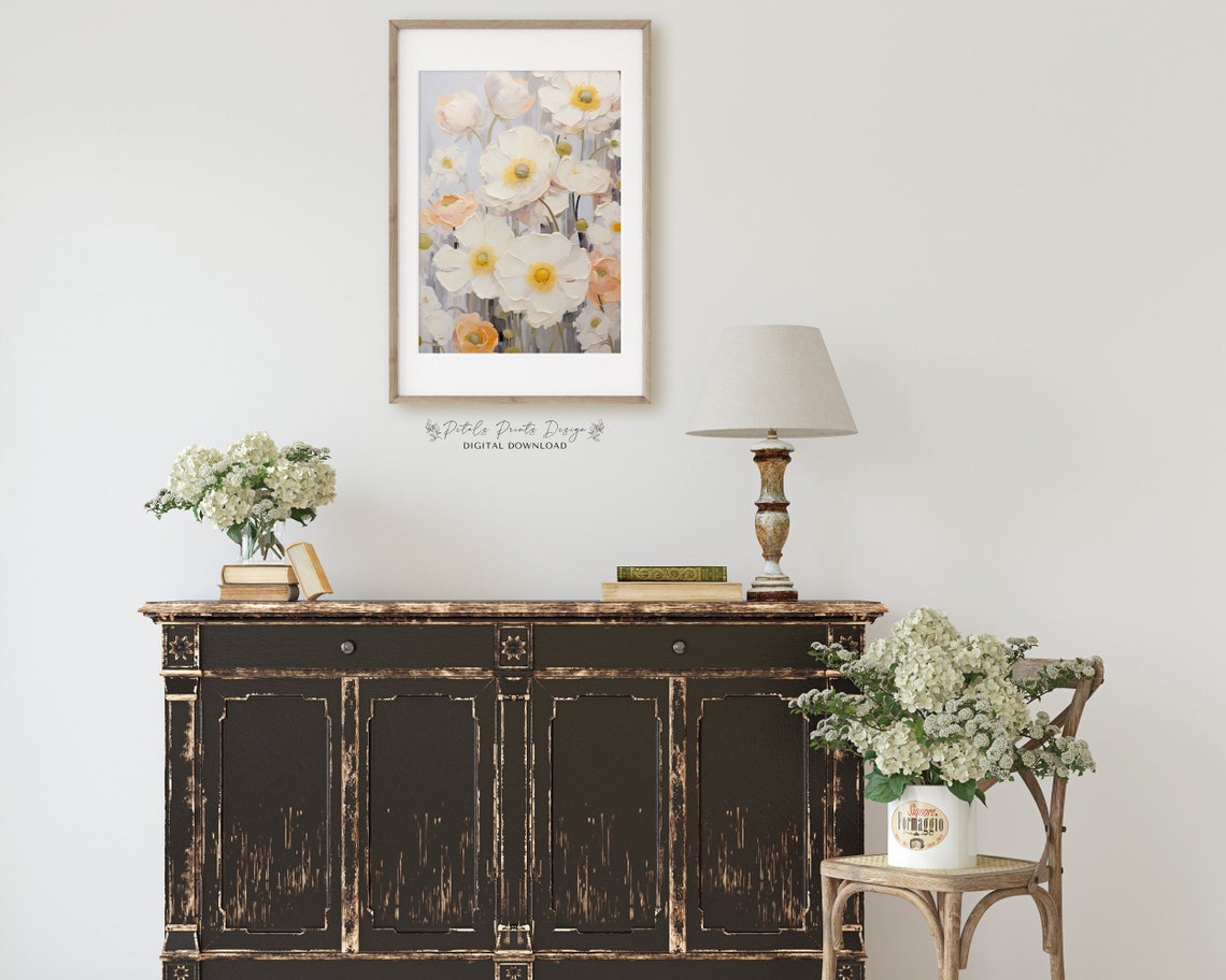 White and Peach Anemones Textured Impasto Floral Painting Poster - Image 2