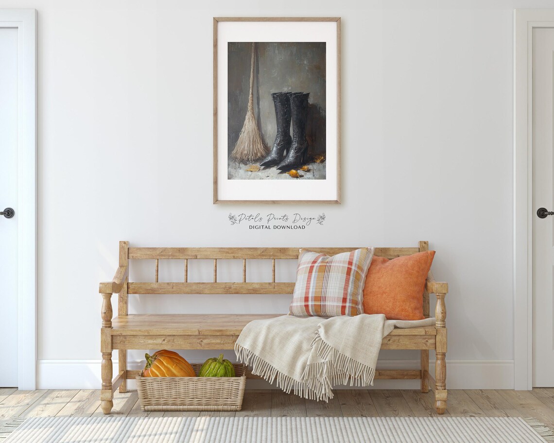 Witch Boots and Broom with Autumn Leaves Vintage Halloween Decor Poster - Image 3