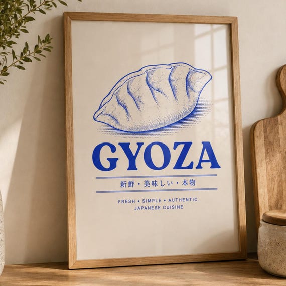 Gyoza Wall Art Japanese Dumpling Poster Blue Food Illustration For Kitchen And Dining Room Decor