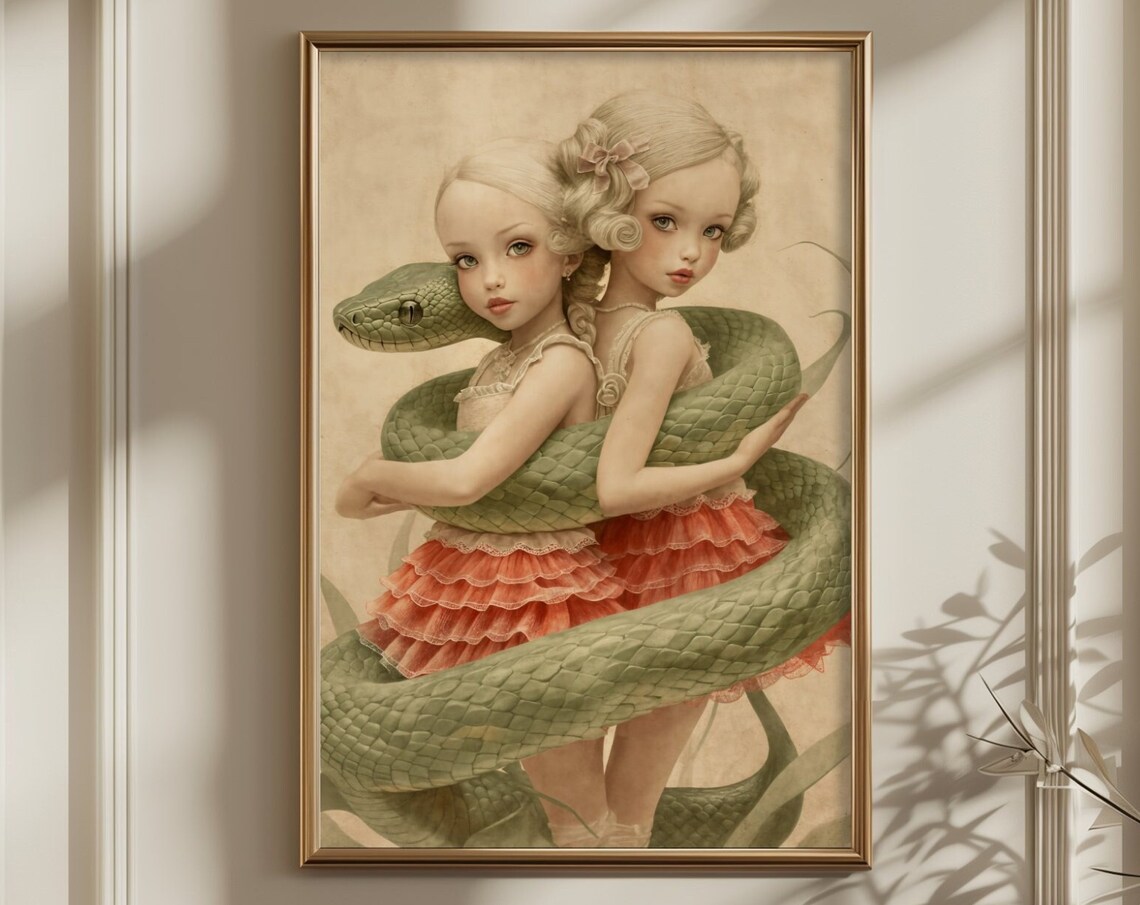Blonde Sisters With Green Snake Vintage Pop Surreal Fantasy Art Poster - Image 2