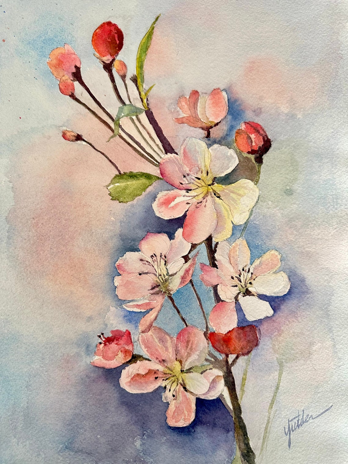 Pink Cherry Blossom Branch on Pastel Watercolor Spring Floral Poster - Image 5