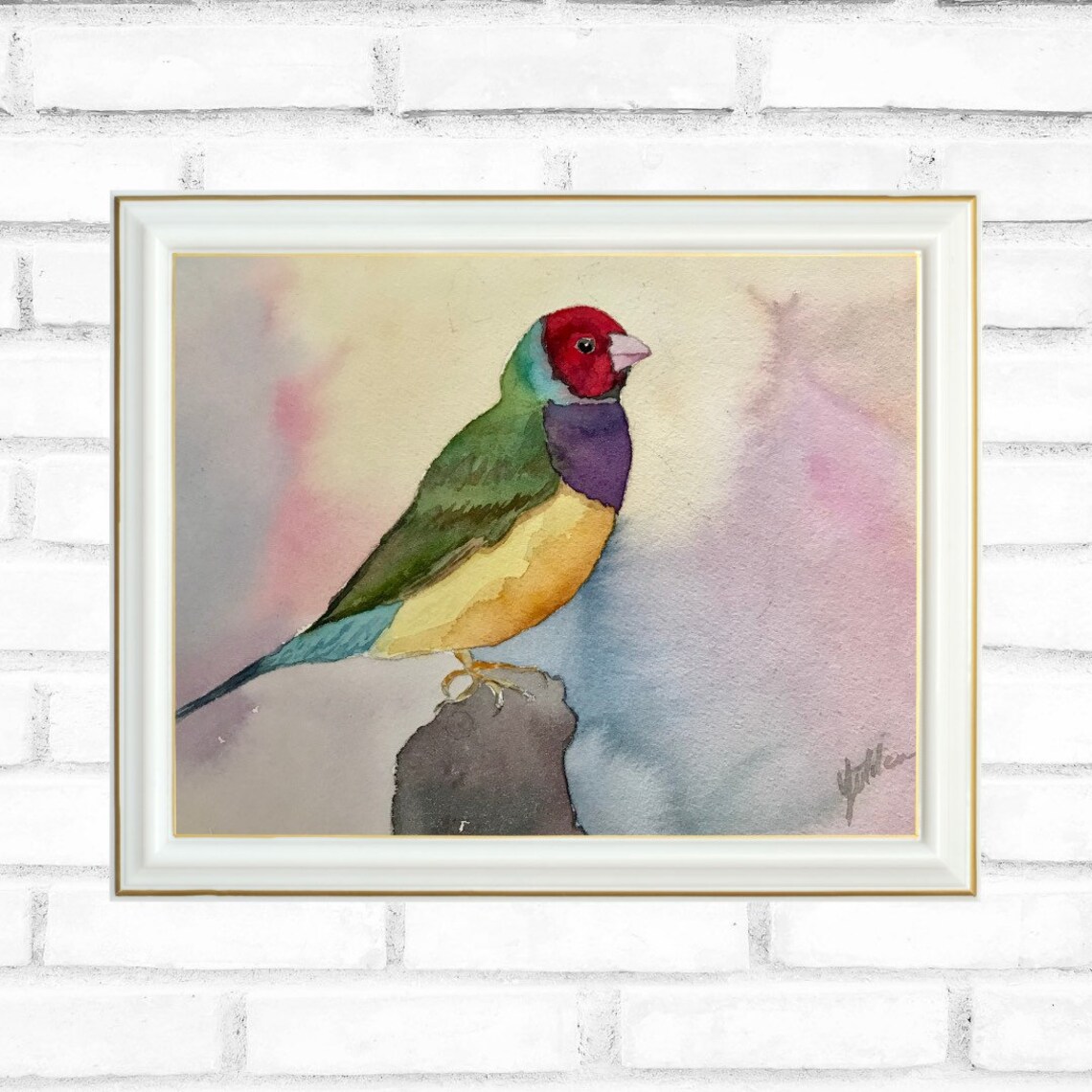 Rainbow Gouldian Finch on Pastel Wash Watercolor Bird Poster - Image 3