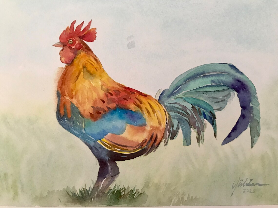 Vibrant Colorful Rooster Watercolor Painting in Orange and Teal Poster - Image 4