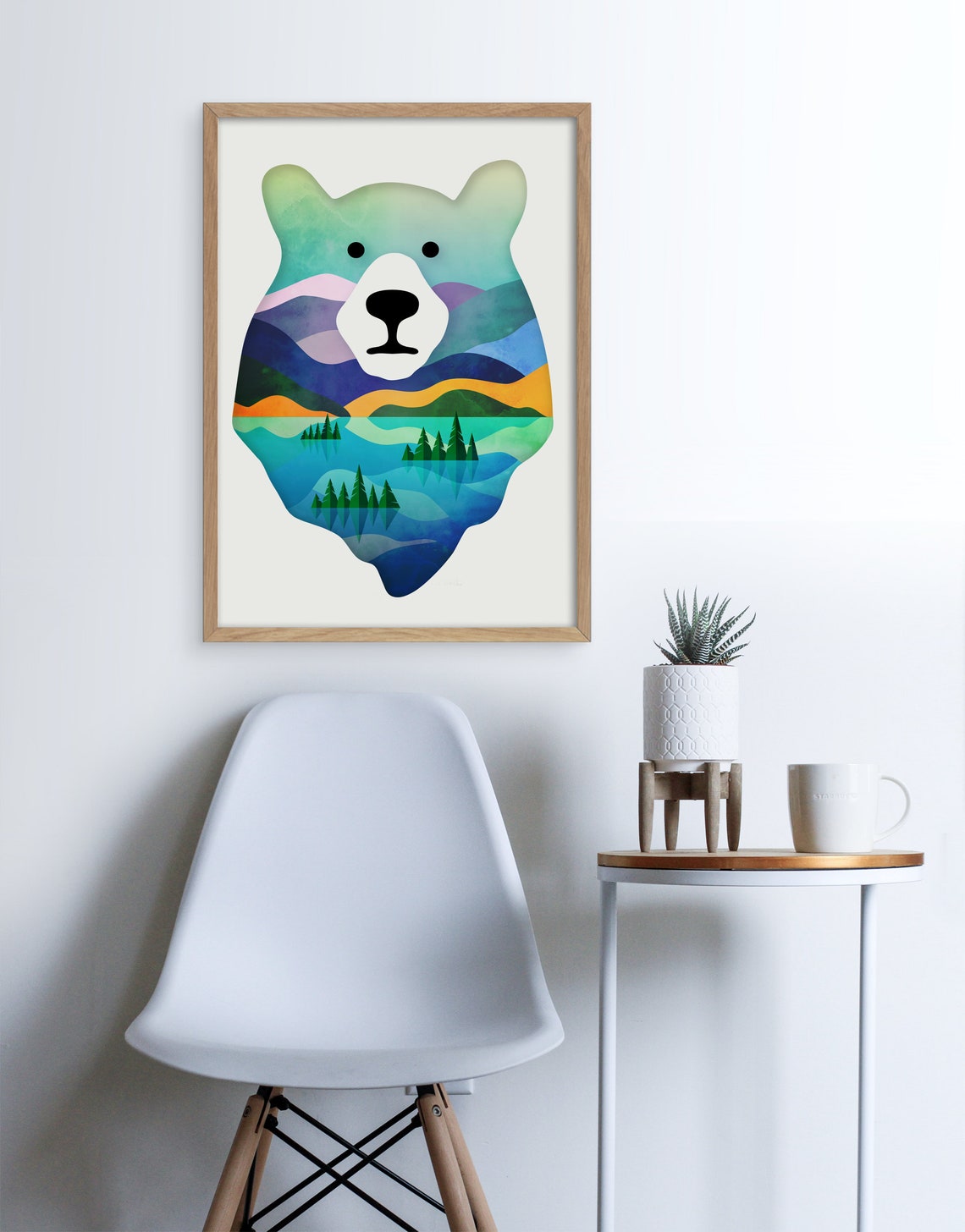 Bear Head Double Exposure Mountain Lake Pine Forest Landscape Poster - Image 3