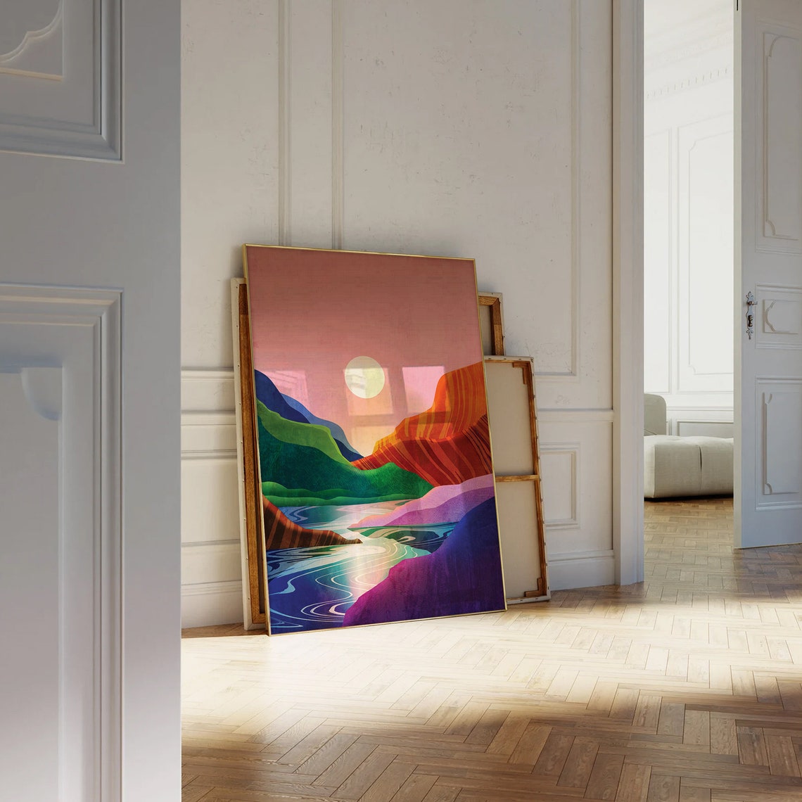 Colorful Sunset Mountain River Landscape Art Poster for Living Room - Image 3