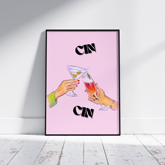 Cin Cin Cocktail Cheers Pink Retro Vintage Bar Cart Toast Poster