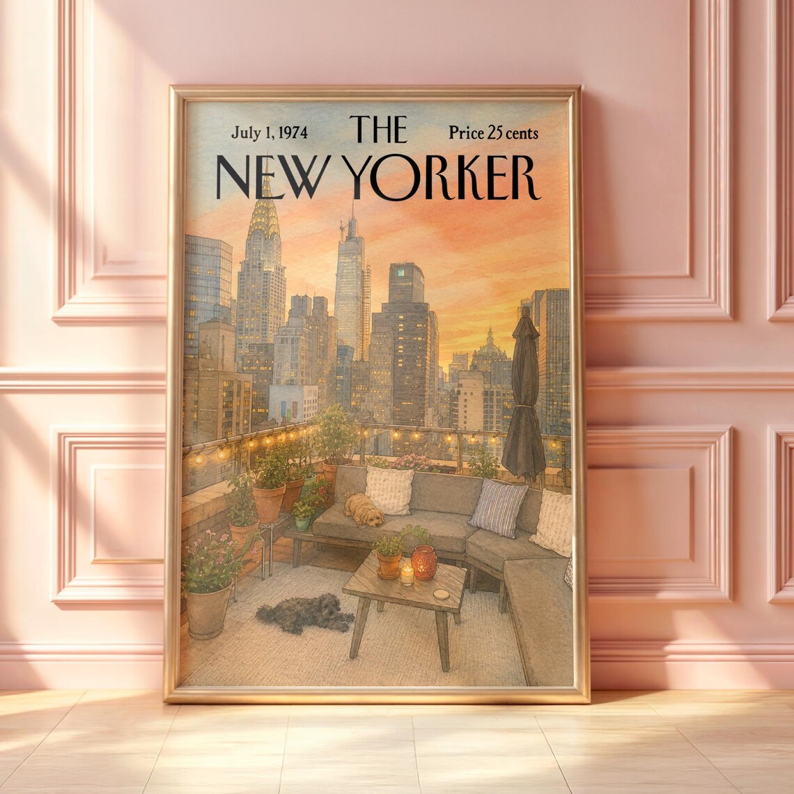 Vintage New Yorker Poster, NYC Rooftop Sunset Travel Poster