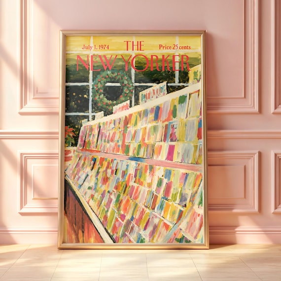 Vintage New Yorker Christmas Bookstore Holiday Wreath Poster